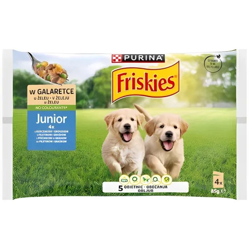 Hrana za pse FRISKIES Junior piletina i grašak u želeu 4x85g
