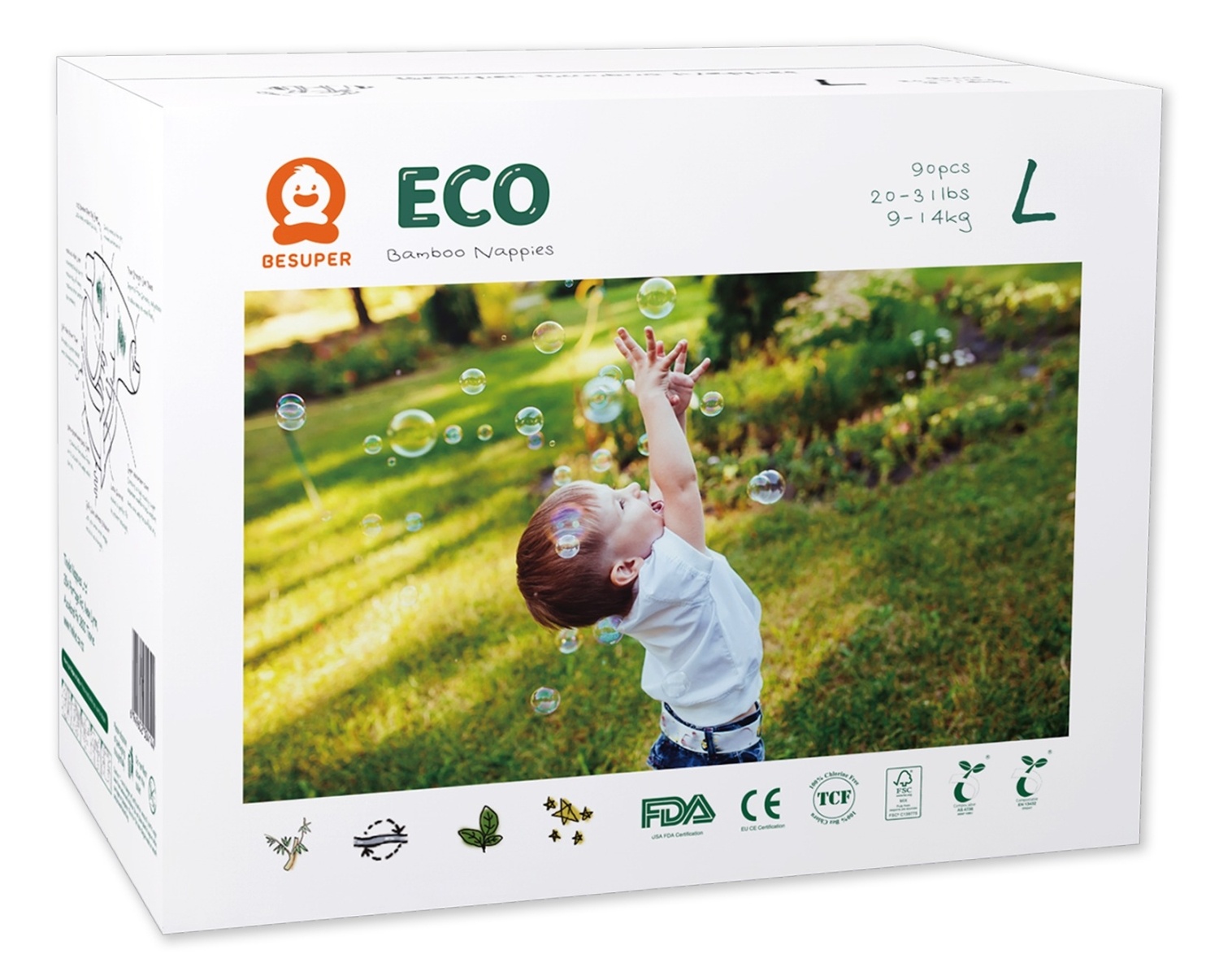 Pelene za bebe BESUPER  eco bamboo L 90kom
