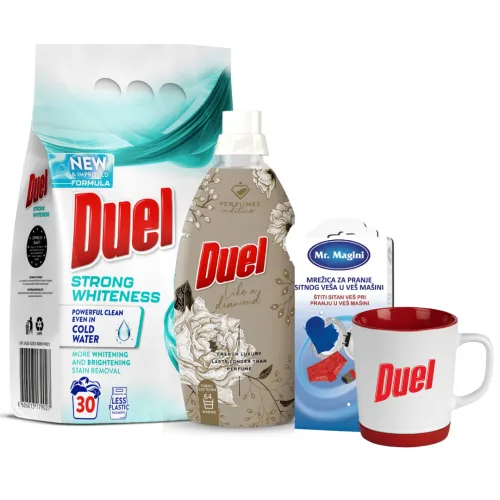 DUEL set deterdžent, omekšivač, šolja za kafu i mrežica za veš