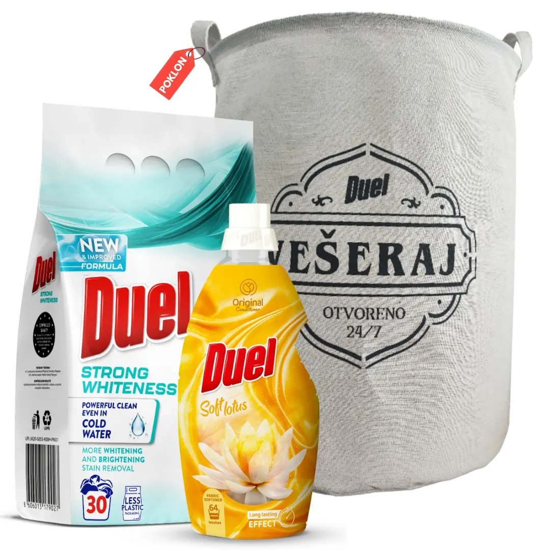 DUEL paket deterdžent za veš, omekšivač i korpa za veš