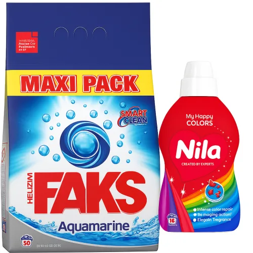 Deterdžent za pranje veša FAKS Aquamarine 90 pranja (6,75kg) + NILA Color 900ml