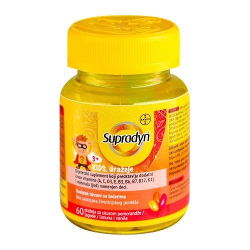 Preparati za decu BAYER Supradyn Kids, 60 dražeja sa ukusom pomorandže / jagode / limuna i vanile
