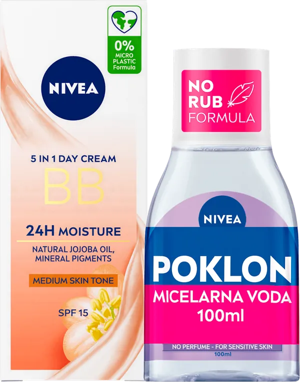 BB krema za lice NIVEA 5u1, srednje tamna nijansa 50ml + Soothing micelarna voda 100ml gratis