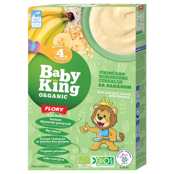 Kašica FLORY baby king organic pirinač kukuruzne cerealije sa bananom 200g