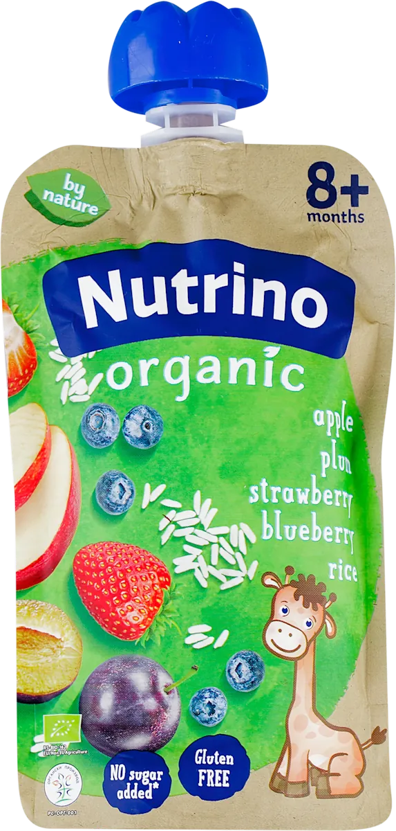 Kašice NUTRINO organska voćna kaša jabuke, šljive, jagode i borovnice sa pirinčem i dodatkom vitamina C 100 g