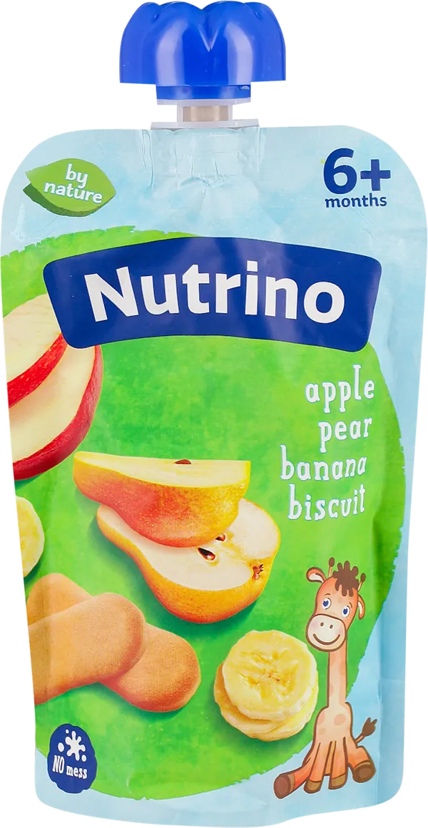 Kašice NUTRINO voćna kaša jabuke, kruške i banane, sa dodatkom keksa i vitamina C, 6+, 100g