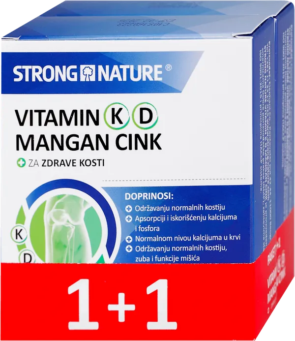 Kosti, zglobovi i mišići STRONG NATURE Paket Vitamin K D Mangan Cink, 30 kapsula 1+1