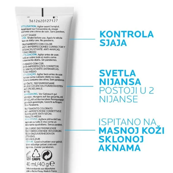 Krema za lice LA ROCHE POSAY effaclar duo(+) unifiant ujednačujuća korektivna nega protiv nepravilnosti masne kože, 40 ml, Light