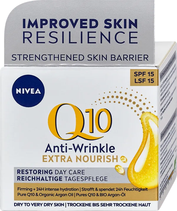 Krema za negu lica NIVEA Q10 EXTRA NOURISHING - dnevna krema protiv bora, SPF 15, 50 ml