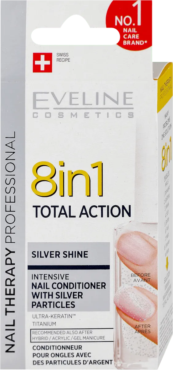 Nega noktiju EVELINE Total Action 8in1 Silver zaštita za nokte, sa šljokicama 12ml