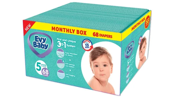 Pelene za bebe EVY BABY box 3u1 sistem 5 junior 68kom