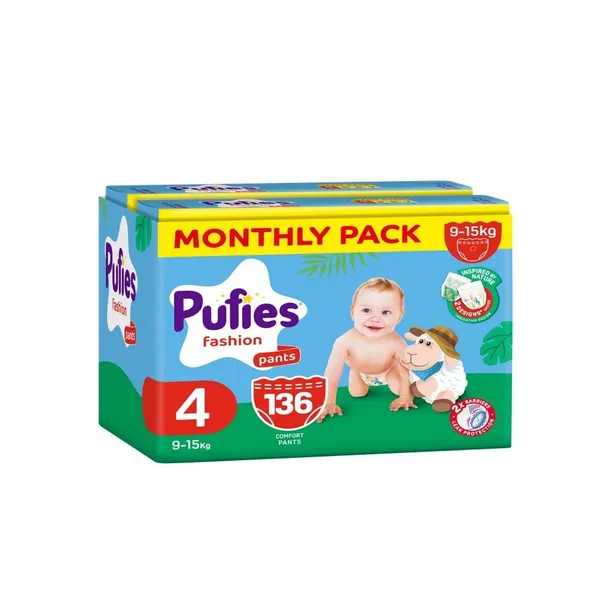 Pelene za bebe PUFIES pants (mesečni box) veličina 4, 9-15kg, 136kom