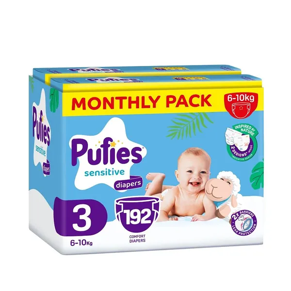 Pelene za bebe PUFIES Sensitive (mesečni box), veličina 3, 6-10kg, 192kom