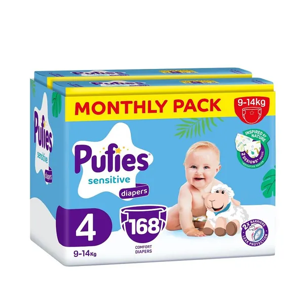 Pelene za bebe PUFIES sensitive (mesečni box), veličina 4, 9-14kg, 168kom