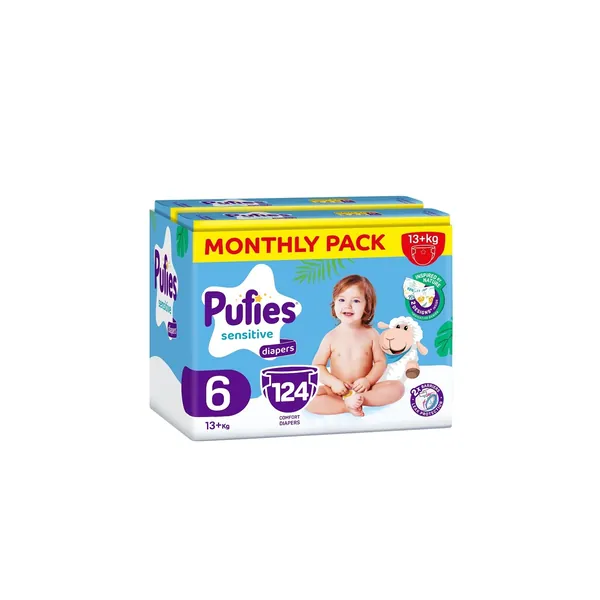 Pelene za bebe PUFIES Sensitive (mesečni box), veličina 6, +16kg, 124kom