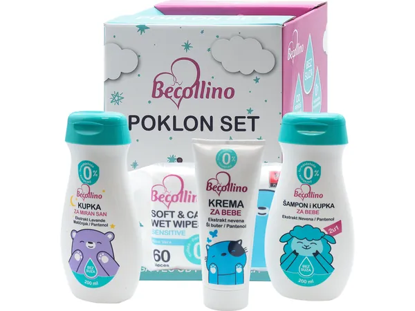 Poklon set BECOLLINO (krema, šampon, kupka, vlažne maramice)