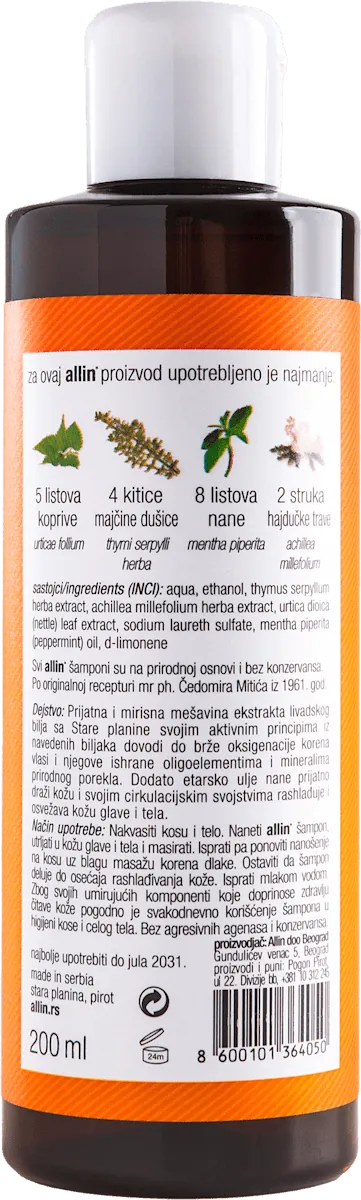 Šampon za kosu ALLIN za svakodnevnu negu kose i tela sa efektom rashlađivanja 200ml