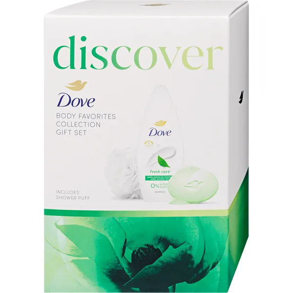 Setovi za negu tela DOVE Discover (gel za tuširanje, sapun i pufna)