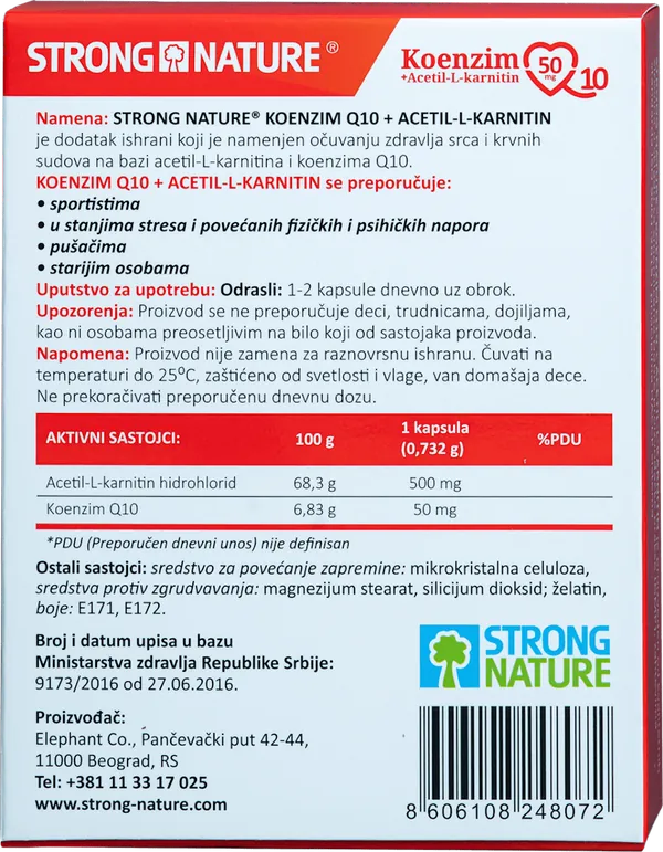 Srce, krvni sudovi i cirkulacija STRONG NATURE Koenzim Q10 + Acetil-L-karnitin, 30 kapsula