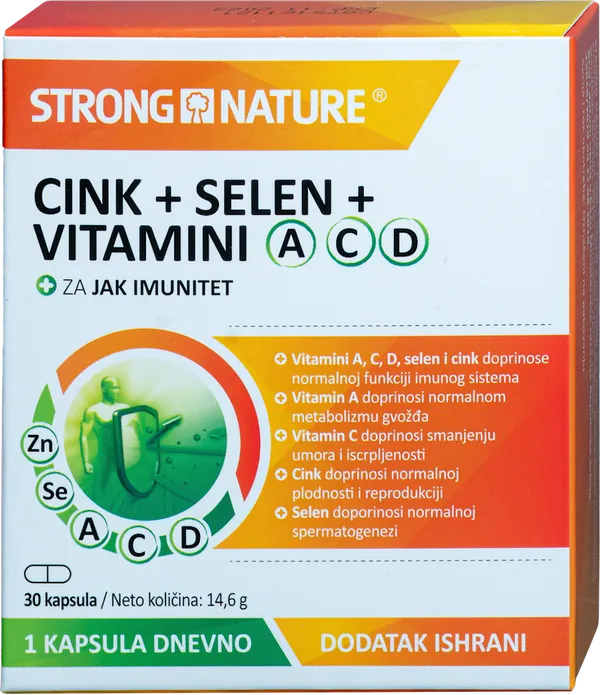 Vitamini i minerali STRONG NATURE Cink+Selen+Vitamini A C D, 30 kapsula