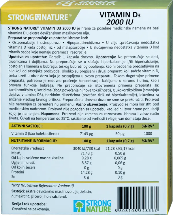 Vitamini i minerali STRONG NATURE Vitamin D3 2000 IU, 30 kapsula